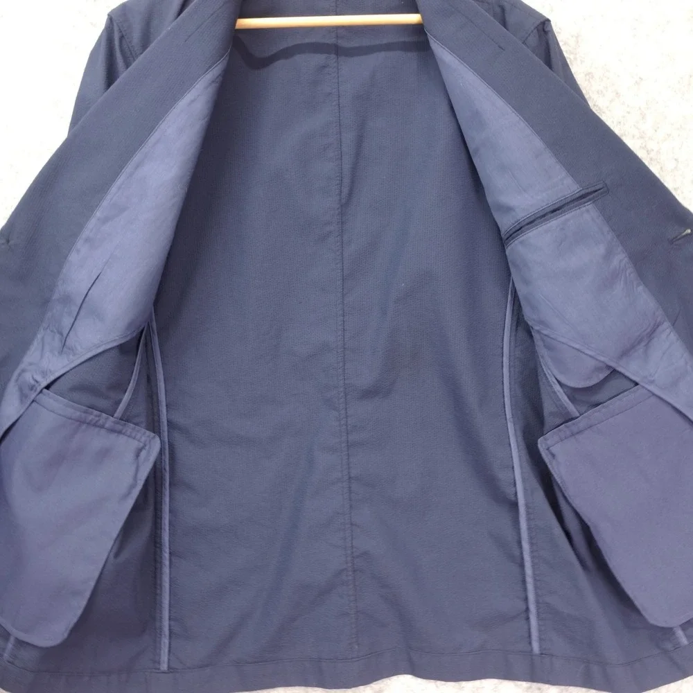 Uniqlo Seersucker Sport Coat Men LARGE 44R SLIM Navy Jacket Summer Unlined Light